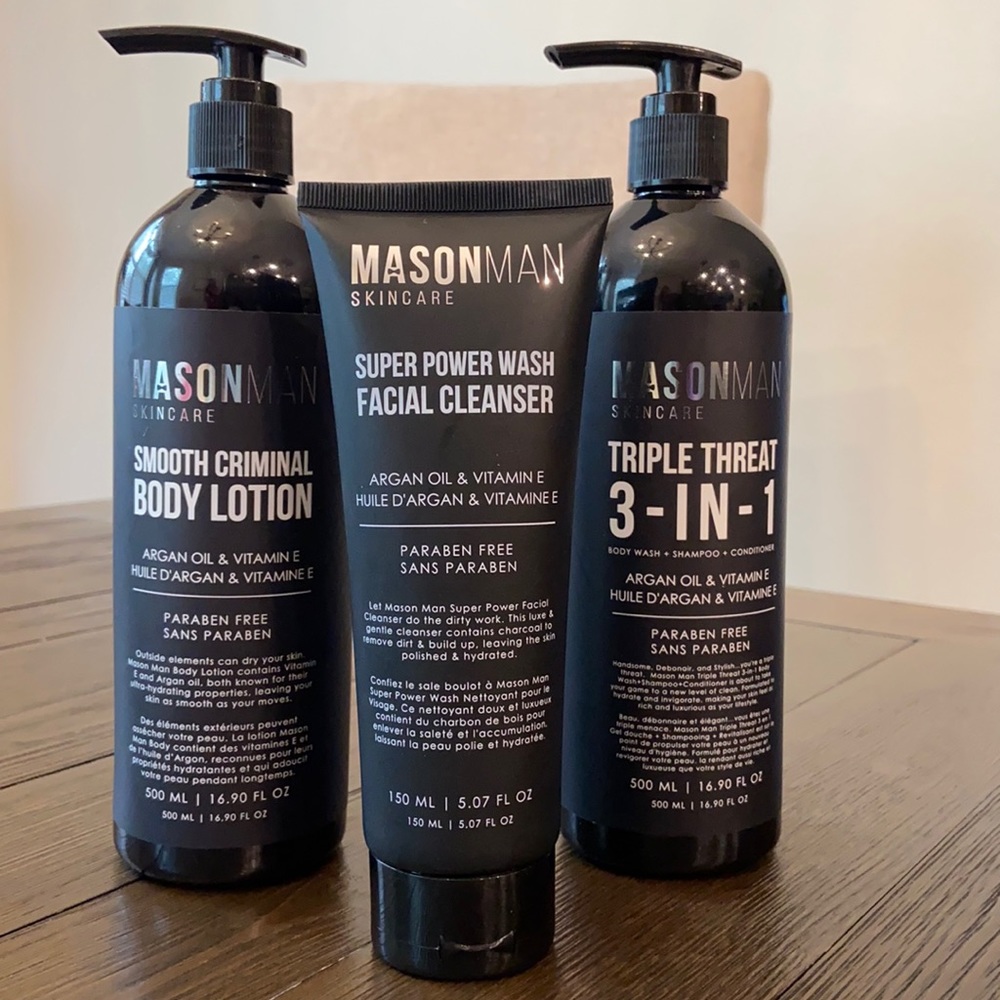 Set of men’s body care by Mason Man including body lotion wash/shampoo and face